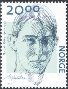 Nordahl Grieg : norsk frimerke NK 1474, 2002-06-05 / tegning av Nils Aas ;
grafisk utforming Enzo Finger, trykt for Posten Norge BA ved J.Enschede, Nederland