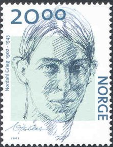 Nordahl Grieg : norsk frimerke NK 1474, 2002-06-05 / tegning av Nils Aas ;
grafisk utforming Enzo Finger, trykt for Posten Norge BA ved J.Enschede, Nederland