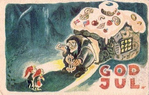 Eventyret med Ola og Kari Nordmann i nisseluer som Hans og Grete. Heksa ((kald?)krigshisseren US-president Harry Truman?) lokker med dollarkringle og
godsaker til pepperkakehuset med fengselsgitter for vinduet.
