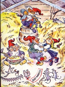 P� l�ven sitter ikke bare nissen med sin julegr�t,
men de yngre nissene danser sammen med mus og rotter. Fredelig sameksistens i jula?
