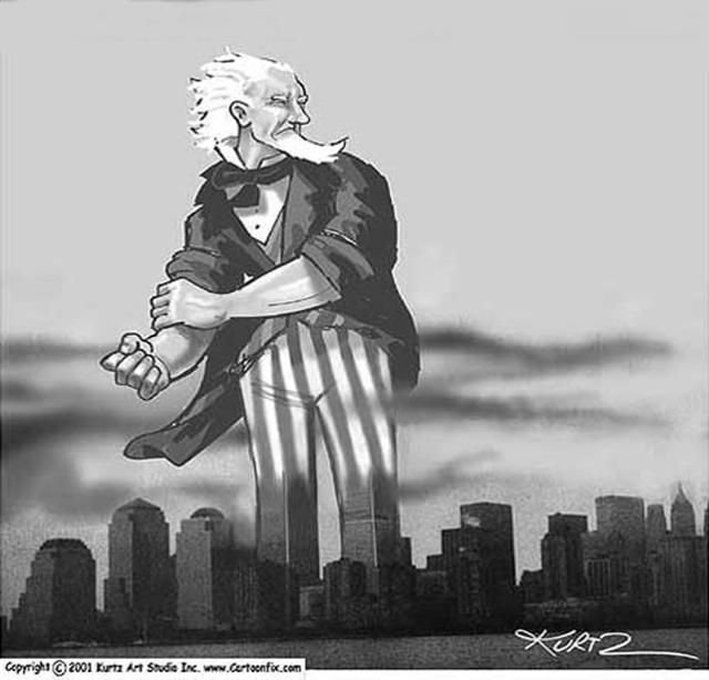 Uncle Sam rising out of the destruction of the World Trade Center Towers, with fist ready to defend and retaliate