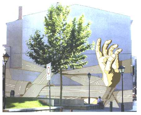 Mural hecho por la Plataforma en la Pla�a de les Hores: BASTA de carreteras!