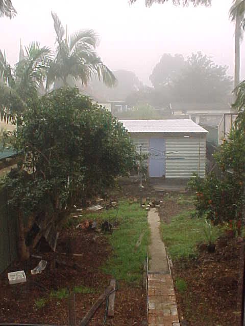 garage on a misty winter morning