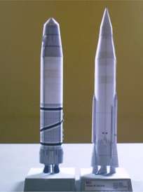 Scale models of atlas and blue streak rockets
