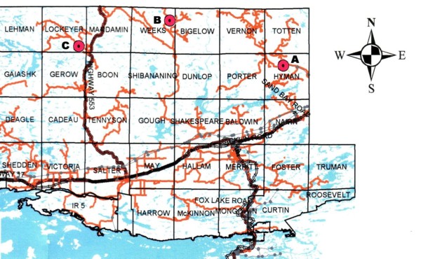 Planned Evac Sites on Northshore Forest - Sudbury District
