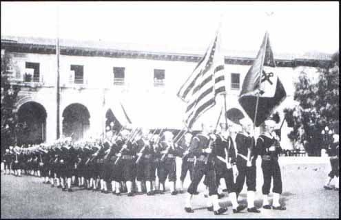 A recruit copmany parading the colors during drills, 1917.