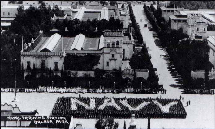 An aerial photograph taken in 1917 showing recruits on the parade field at Balboa Park.