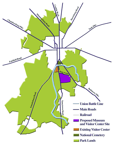 Map of existing Gettysburg Visitor Center and new one under construction