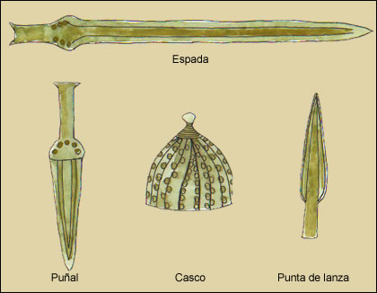 Armas de bronce: Espada, pu&ntilde;al, casco y punta de lanza