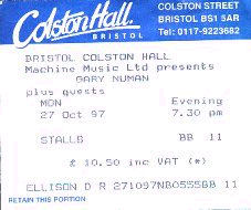 Numanboy's Ticket for Gary Numan at Colston Hall