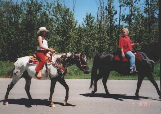 Spanish & I at 2001 Wild Rice Festival Parade-with friend Mary on Black Thoroughbred
