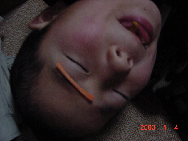 koota picture 2 asleep with carrot eyebrows! eating the snack we put in his mouth!