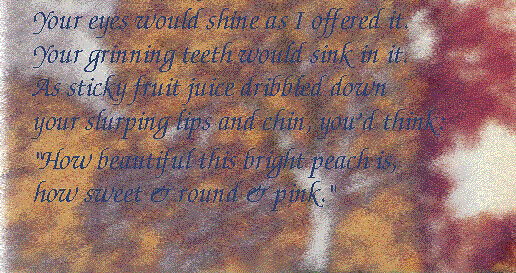 your eyes would shine as I offered it. Your grinning teeth would sink in it. As sticky fruit juice dribbled down your slurping lips and chin, you'd think: How beautiful this bright peach is! How sweet, & round, & pink!