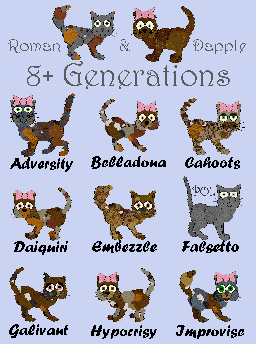 This litter is for all game versions, has 8+ generations, includes all ten original catz 4 breeds, and has absolutely no hexing.  Email me to adopt.  Adopted: Falsetto and Adversity