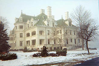 The mansion on a foggy day.