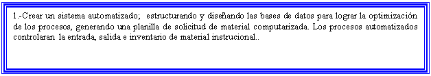 Cuadro de texto: 1.-Crear un sistema automatizado;  estructurando y dise�ando las bases de datos para lograr la optimizaci�n de los procesos, generando una planilla de solicitud de material computarizada. Los procesos automatizados  controlaran  la entrada, salida e inventario de material instrucional.. 



