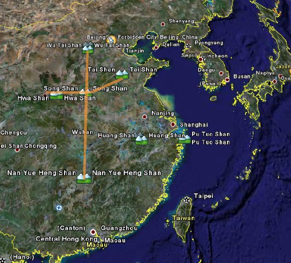 Google Earth image of the Sacred Mountains of China.  'Shan' is the Chinese translation of 'mountain'