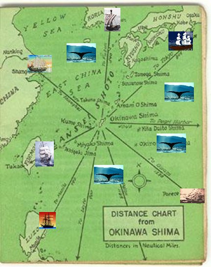 Okinawa Distance Chart from the 1945 US Government military manual with sample ships overlayed to show the central trading location of Okinawa.
