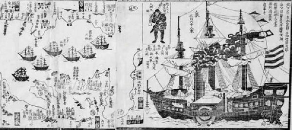 Japanese print depicted the US Navy ships in 1854 off the coast of Japan