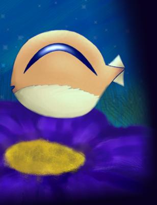 Weiloom floating above a flower at night.