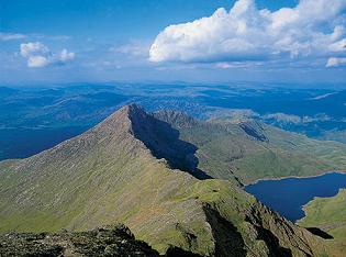 Mount Snowdon and Snowdonia National Park overlooking Irish Sea, Wales