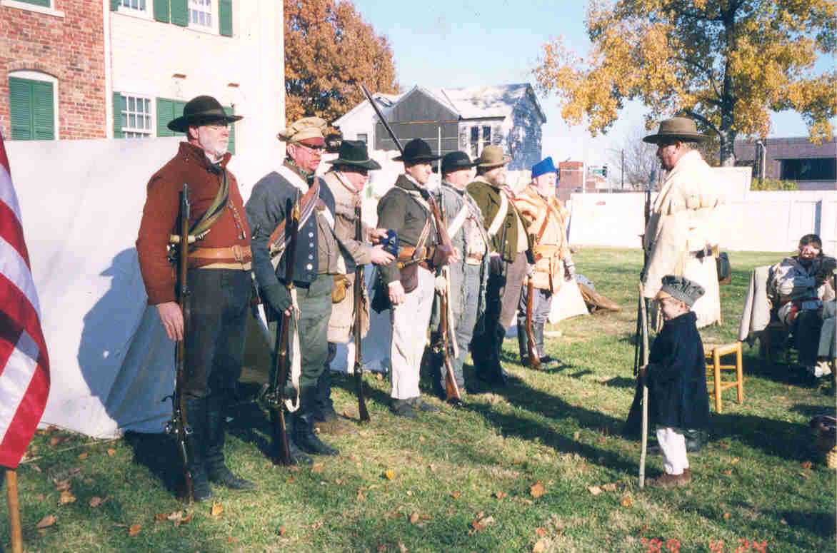 'Attention, Company!'
Black Hawk War Militia Encampment, 
Lincon Home National Historic Site. November, 2002
(Credit: Rusty Ayers.)