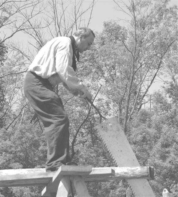 Sawyer Marc Miller at the saw pit.
Fort Atkinson, May 2006. 
(Credit: Bruce Langseth.)