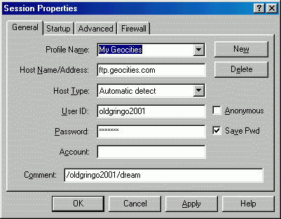 Session Properties popup