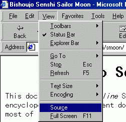 The menu selection for looking at source code in Internet Explorer