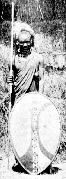 Masai in Kriegsschmuck und Waffen.