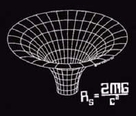 Representaci�n geom�trica del campo gravitacional, acompa�ada con la f�rmula para el c�lculo del Radio de Schwarzchild que permite definir el tama�o de un Agujero Negro. Es el radio del Horizonte de Sucesos: la superficie que rodea a un agujero negro y pasada la cual la velocidad de escape es mayor que la de la luz y por lo tanto ya no se puede escapar
