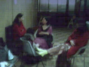 Chatting with our teacher backstage.