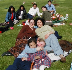 Nora and I posing in the cemetery, where we gathered with friends and family to remember and celebrate the life of her friend Moni.  (The blond girl in the foreground is Moni's daughter.)