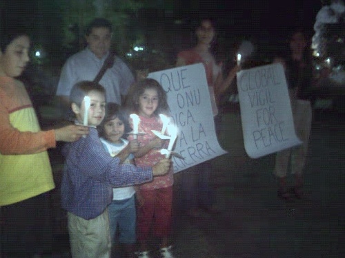 Nicol�s, Mat�as, Gaby and Dani, with other Chillanejos, at their first peace vigil.