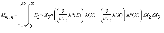 M[m,n] = int(int(X[2]^m*X[3]^n*(Diff(`A*`(X),X[2])*A(X)-Diff(A(X),X[2])*`A*`(X)),X[2] = 0 .. infinity),X[3] = -infinity .. infinity)