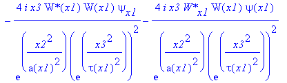 eq25 := -4*I*x3/exp(x2^2/a(x1)^2)/exp(x3^2/tau(x1)^2)^2*`W*`(x1)*W[x1]*psi(x1)-8*I*x3/exp(x2^2/a(x1)^2)/exp(x3^2/tau(x1)^2)^2/a(x1)^3*`W*`(x1)*W(x1)*psi(x1)*x2^2*a[x1]-16*I*x3^3/exp(x2^2/a(x1)^2)/exp(x...