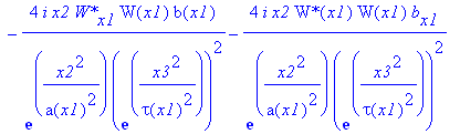 eq33 := -4*I*x2/exp(x2^2/a(x1)^2)/exp(x3^2/tau(x1)^2)^2*`W*`(x1)*W[x1]*b(x1)-8*I*x2^3/exp(x2^2/a(x1)^2)/exp(x3^2/tau(x1)^2)^2/a(x1)^3*`W*`(x1)*W(x1)*b(x1)*a[x1]-16*I*x2/exp(x2^2/a(x1)^2)/exp(x3^2/tau(x...