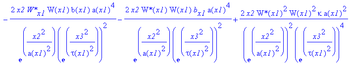 eq34 := -2*x2/exp(x2^2/a(x1)^2)/exp(x3^2/tau(x1)^2)^2*`W*`(x1)*W[x1]*b(x1)*a(x1)^4-4*x2^3/exp(x2^2/a(x1)^2)/exp(x3^2/tau(x1)^2)^2*`W*`(x1)*W(x1)*b(x1)*a[x1]*a(x1)-8*x2/exp(x2^2/a(x1)^2)/exp(x3^2/tau(x1...