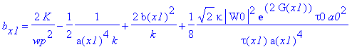 b[x1] = 2/wp^2*K-1/2*1/(a(x1)^4*k)+2/k*b(x1)^2+1/8*2^(1/2)*kappa*abs(W0)^2*exp(2*G(x1))*tau0*a0^2/tau(x1)/a(x1)^4
