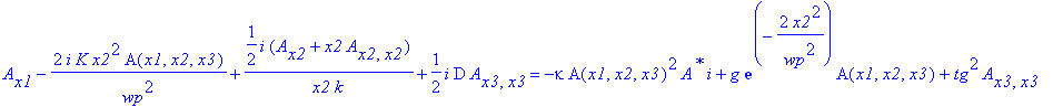 eq36 := A[x1]-2*I*K*x2^2/wp^2*A(x1,x2,x3)+1/2*I/x2*(A[x2]+x2*A[x2,x2])/k+1/2*I*D*A[x3,x3] = -I*kappa*A(x1,x2,x3)^2*A^`*`+g*exp(-2*x2^2/wp^2)*A(x1,x2,x3)+tg^2*A[x3,x3]