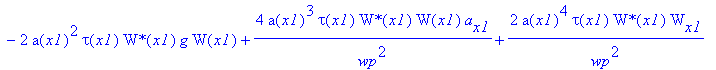 eq42 := a(x1)^2*tau(x1)*`W*`(x1)*W[x1]+2*a(x1)^2*tau(x1)*`W*`(x1)*W(x1)*G[x1]+2*a(x1)*tau(x1)*W(x1)*`W*`(x1)*a[x1]-2*a(x1)^2*tau(x1)*`W*`(x1)*g*W(x1)+4*a(x1)^3*tau(x1)/wp^2*`W*`(x1)*W(x1)*a[x1]+2*a(x1)...