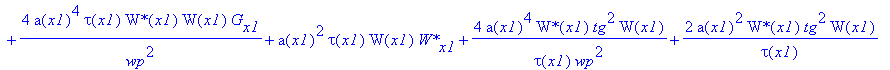 eq42 := a(x1)^2*tau(x1)*`W*`(x1)*W[x1]+2*a(x1)^2*tau(x1)*`W*`(x1)*W(x1)*G[x1]+2*a(x1)*tau(x1)*W(x1)*`W*`(x1)*a[x1]-2*a(x1)^2*tau(x1)*`W*`(x1)*g*W(x1)+4*a(x1)^3*tau(x1)/wp^2*`W*`(x1)*W(x1)*a[x1]+2*a(x1)...