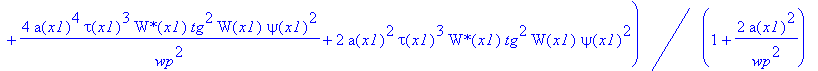 eq43 := Diff(W(x1)*`W*`(x1)*tau(x1)*a(x1)^2,x1) = -(2*a(x1)^2*tau(x1)*`W*`(x1)*W(x1)*G[x1]-2*a(x1)^2*tau(x1)*`W*`(x1)*g*W(x1)+4*a(x1)^4*tau(x1)/wp^2*`W*`(x1)*W(x1)*G[x1]+4*a(x1)^4/tau(x1)/wp^2*`W*`(x1)...