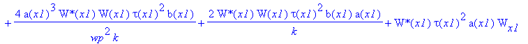 eq45 := W(x1)*tau(x1)^2*a(x1)*`W*`[x1]+2*W(x1)*tau(x1)^2*a(x1)*`W*`(x1)*G[x1]+2/wp^2*a(x1)^3*W(x1)*tau(x1)^2*`W*`[x1]+4/wp^2*a(x1)^3*W(x1)*tau(x1)^2*`W*`(x1)*G[x1]+2*`W*`(x1)*tg^2*W(x1)*a(x1)+4/wp^2*a(...