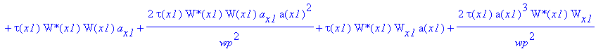 eq49 := tau(x1)*W(x1)*`W*`[x1]*a(x1)+2*tau(x1)/wp^2*a(x1)^3*W(x1)*`W*`[x1]+2*tau(x1)*a(x1)*W(x1)*`W*`(x1)*G[x1]+4*tau(x1)/wp^2*a(x1)^3*W(x1)*`W*`(x1)*G[x1]-2/tau(x1)*a(x1)*`W*`(x1)*tg^2*W(x1)-4/tau(x1)...