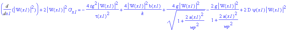 eq50 := Diff(abs(W(x1))^2,x1)+2*abs(W(x1))^2*G[x1] = -4*tg^2*abs(W(x1))^2/tau(x1)^2+4*abs(W(x1))^2*b(x1)/k+4*g*abs(W(x1))^2/(1+2/wp^2*a(x1)^2)^(1/2)-2*g*abs(W(x1))^2/(1+2/wp^2*a(x1)^2)+2*D*psi(x1)*abs(...