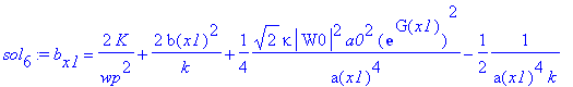 sol[6] := b[x1] = 2/wp^2*K+2/k*b(x1)^2+1/4*1/a(x1)^4*2^(1/2)*kappa*abs(W0)^2*a0^2*exp(G(x1))^2-1/2*1/(a(x1)^4*k)