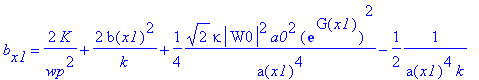 b[x1] = 2/wp^2*K+2/k*b(x1)^2+1/4*1/a(x1)^4*2^(1/2)*kappa*abs(W0)^2*a0^2*exp(G(x1))^2-1/2*1/(a(x1)^4*k)