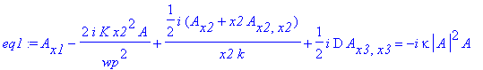 eq1 := A[x1]-2*I*K*x2^2/wp^2*A+1/2*I/x2*(A[x2]+x2*A[x2,x2])/k+1/2*I*D*A[x3,x3] = -I*kappa*abs(A)^2*A