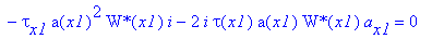 eq8 := -2*I*tau(x1)*a(x1)^2*`W*`[x1]-`W*`(x1)*(2*tau(x1)*a(x1)^4*b[x1]-tau(x1)/k-4*a(x1)^4*b(x1)^2*tau(x1)/k+1/4*2^(1/2)*kappa*tau(x1)*a(x1)^2*W(x1)*`W*`(x1)-4*K*tau(x1)*a(x1)^4/wp^2+1/2*tau(x1)^3*a(x1...